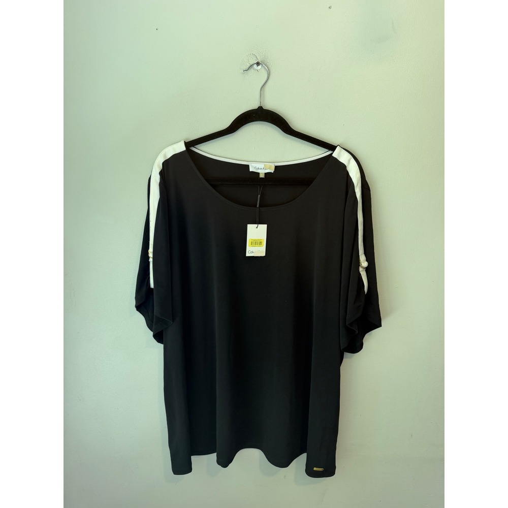 Calvin Klein Plus Size 3X Black White Stripe Gold Ring Short Sleeve Blouse Top